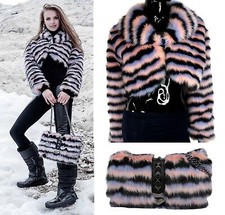 Italian Alex Max Black And Pink Faux Fur Short Jacket And Handbag - 2 Items