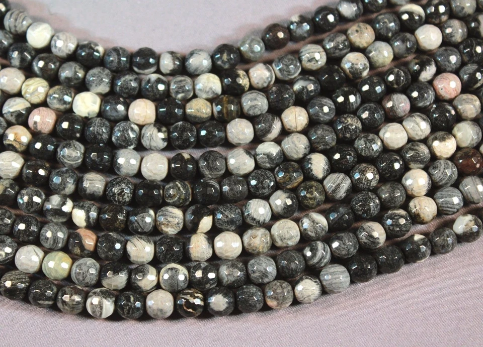 JASPE DE HOJA DE PLATA AFRICANA 6MM CUENTAS REDONDAS FACETADAS 15.5" NEGRO GRIS  Foto 2 de 2