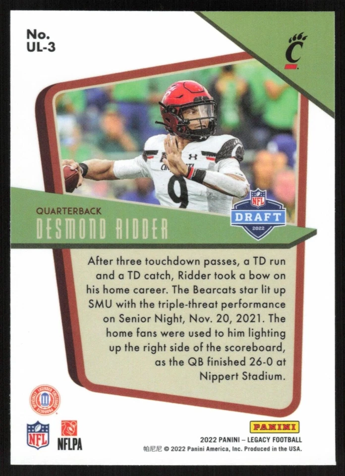 Desmond Ridder 2022 Panini Legacy Under the Lights # UL-3 RC Atlanta Falcons - Image 2 of 2