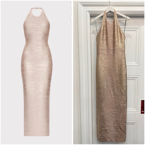 NWT HERVE LEGER FOIL HALTER BANDAGE GOWN DRESS LARGE ROSE GOLD RET $1490