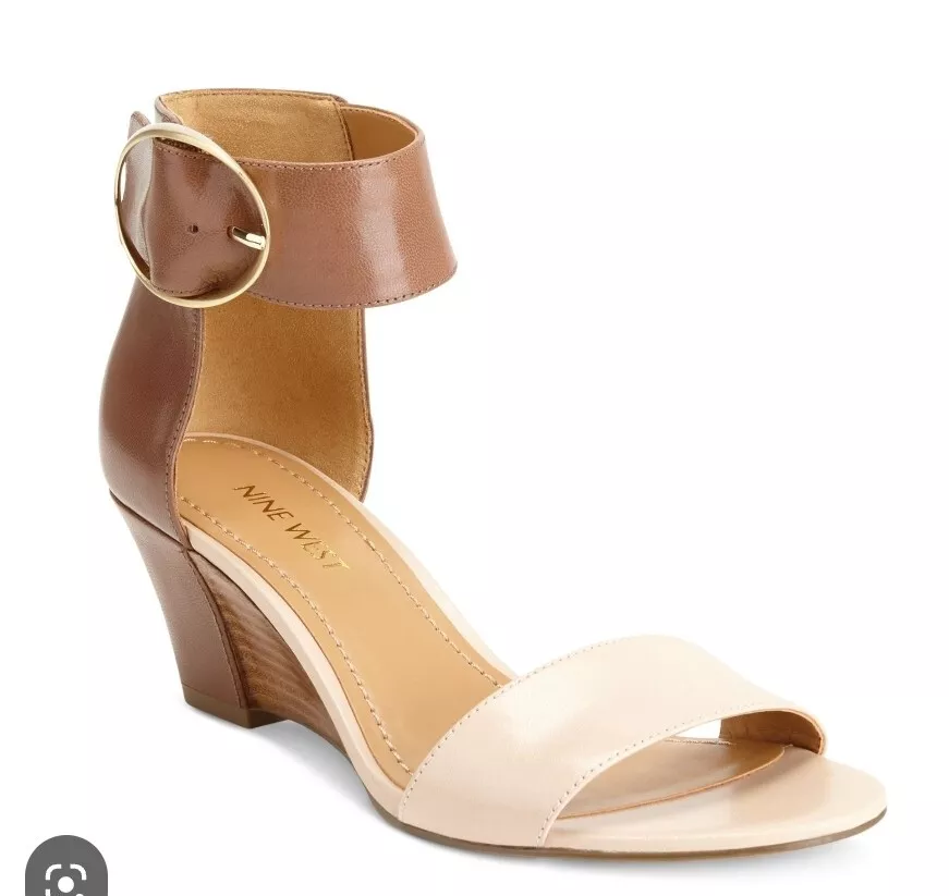 NINE WEST Ventana Size 7.5 Ankle Strap LEATHER Wedge Sandal