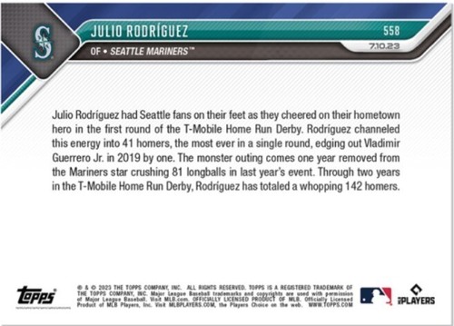 Julio Rodriguez 2023 MLB TOPPS NOW #558 Sets Single Round Derby Record - Bild 2 von 2