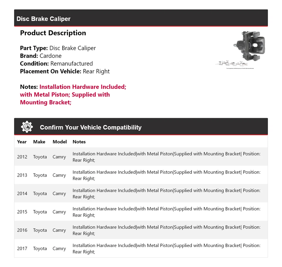 Pinza de freno de disco trasera derecha Cardone 2013 2014 2015 para Toyota Camry 2012-2017 Foto 2 de 4