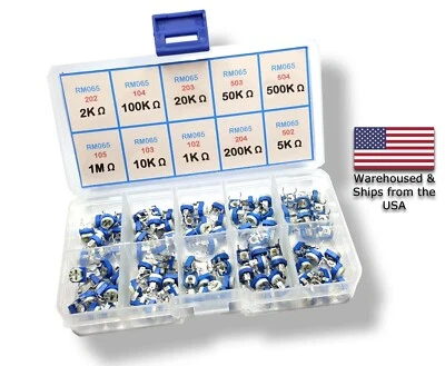 100pcs 10 Value Potentiometer Trimpot Variable Resistor Assortment Box Kit RM065