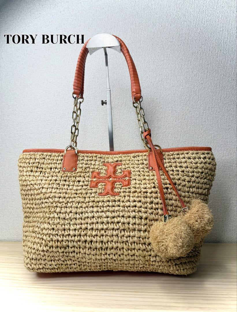 Tory Burch Tote Bag Straw Raffiaorange Leather Summer Shoulder：JP
