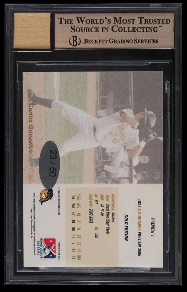 Carlos Gonzalez BGS 10 w 10 AU: 2005 Just Autographs Gold Pristine /50 POP 2 - Image 2 of 3