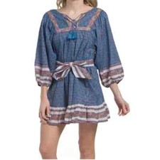 Cleobella Mini Dress Magdalena Blue Boho A-Line Border Print Cotton M