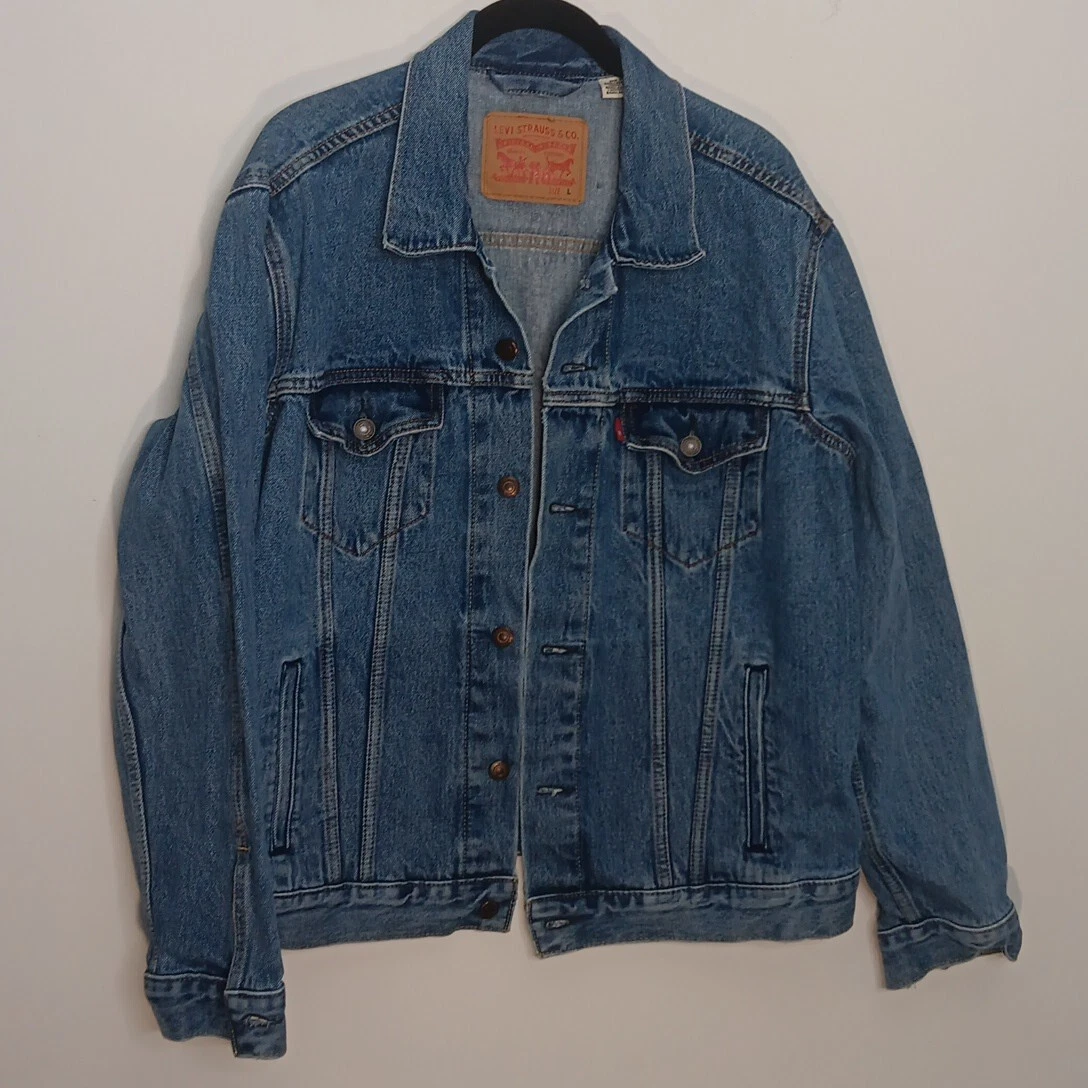 Levis Trucker Jacket Mens Large Blue Denim Chest Pockets Casual Men