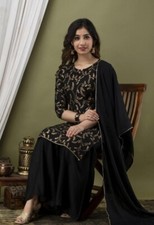 Women Indian Short Rayon Kurti With Sharara Dupatta, 3 Piece Salwar Kameez