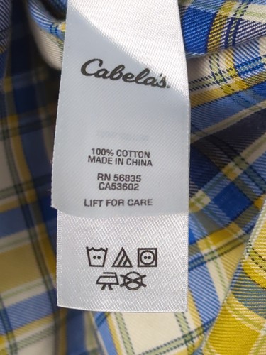 Camisa Cabela para hombre L abotonada manga corta azul amarillo a cuadros 100 % algodón - Imagen 9 de 10