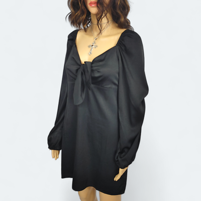NEW ~ BLACK Anthropologie Silky Satin PUFF SLEEVE BOW FRONT Mini Dress ~  Large | eBay
