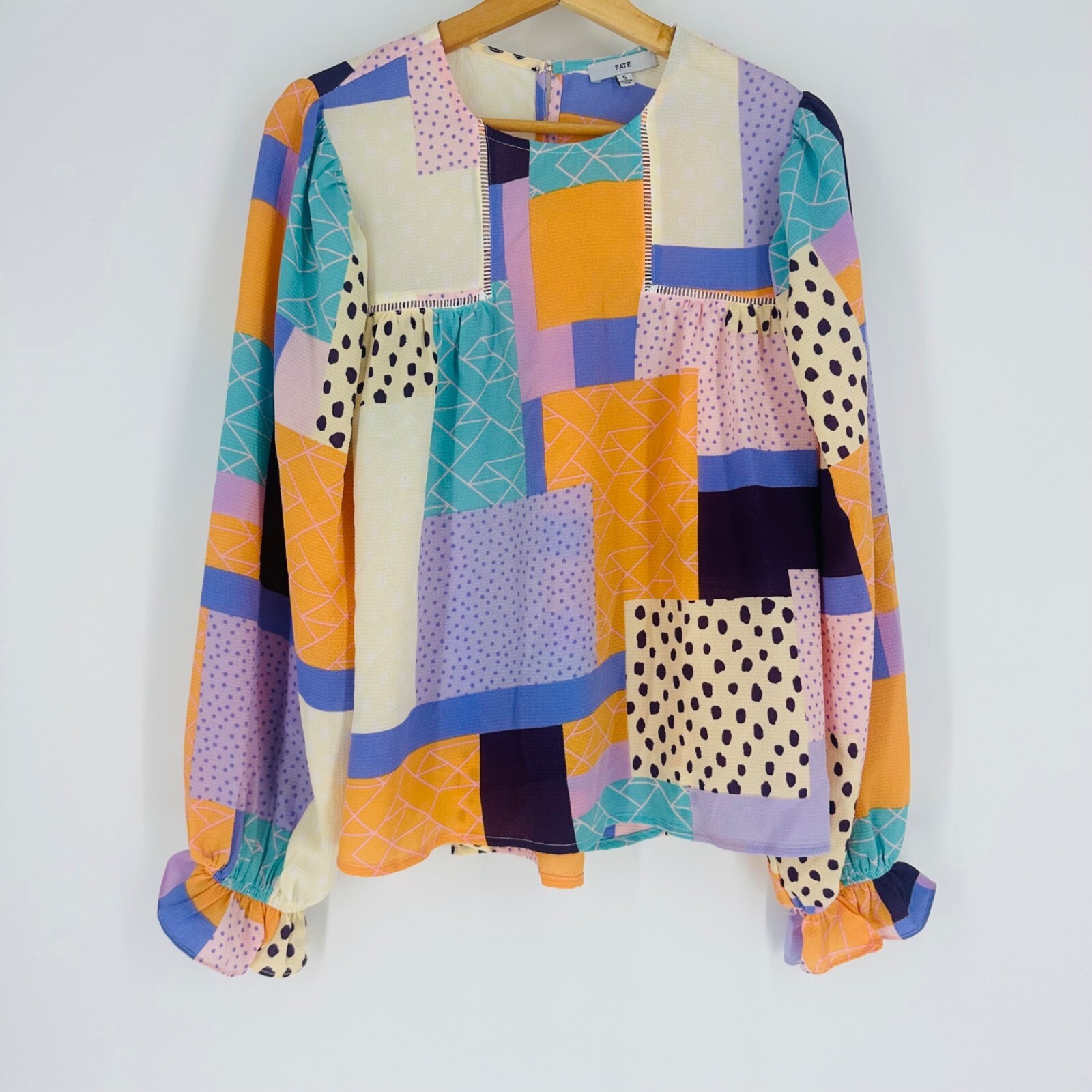 Fate Multicolor Abstract Patchwork Long Puff Slee… - image 3