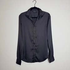 ASOS DESIGN Black Satin Finish Long Sleeve Button Up Dress Shirt, 2XS