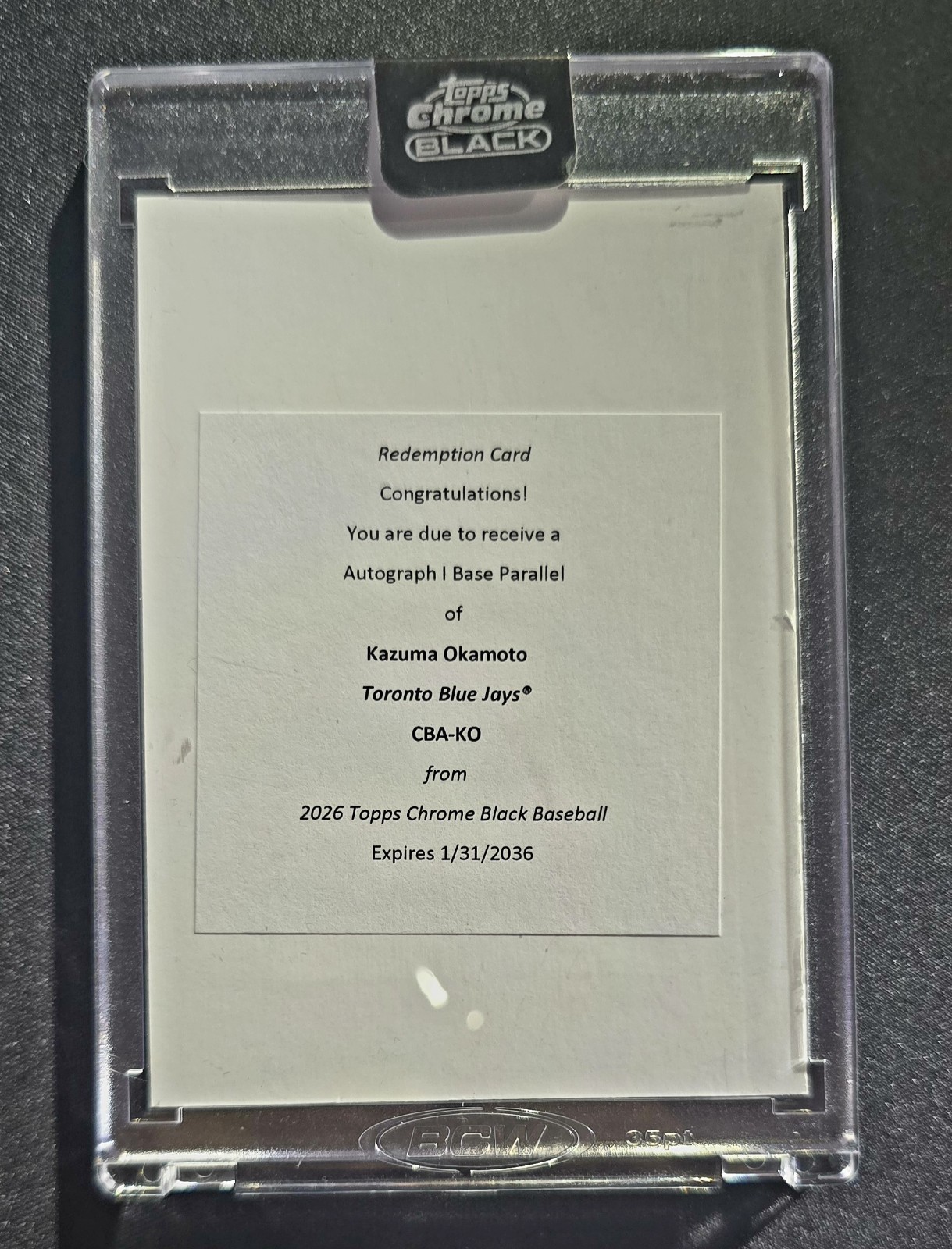 2026 Topps Chrome Black Base Auto Redemption Card Kazuma Okamoto RC