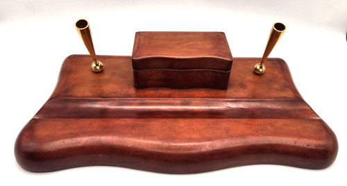 Vintage Leather Desk Tray Valet Dual Pen Holder Stamp Box Italian A Beauty!