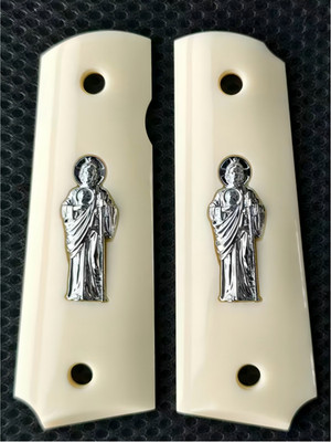 Colt 1911 Grips Full Size,Gold/Silver Saint Jude Black/White Pearl,Bonded Ivory