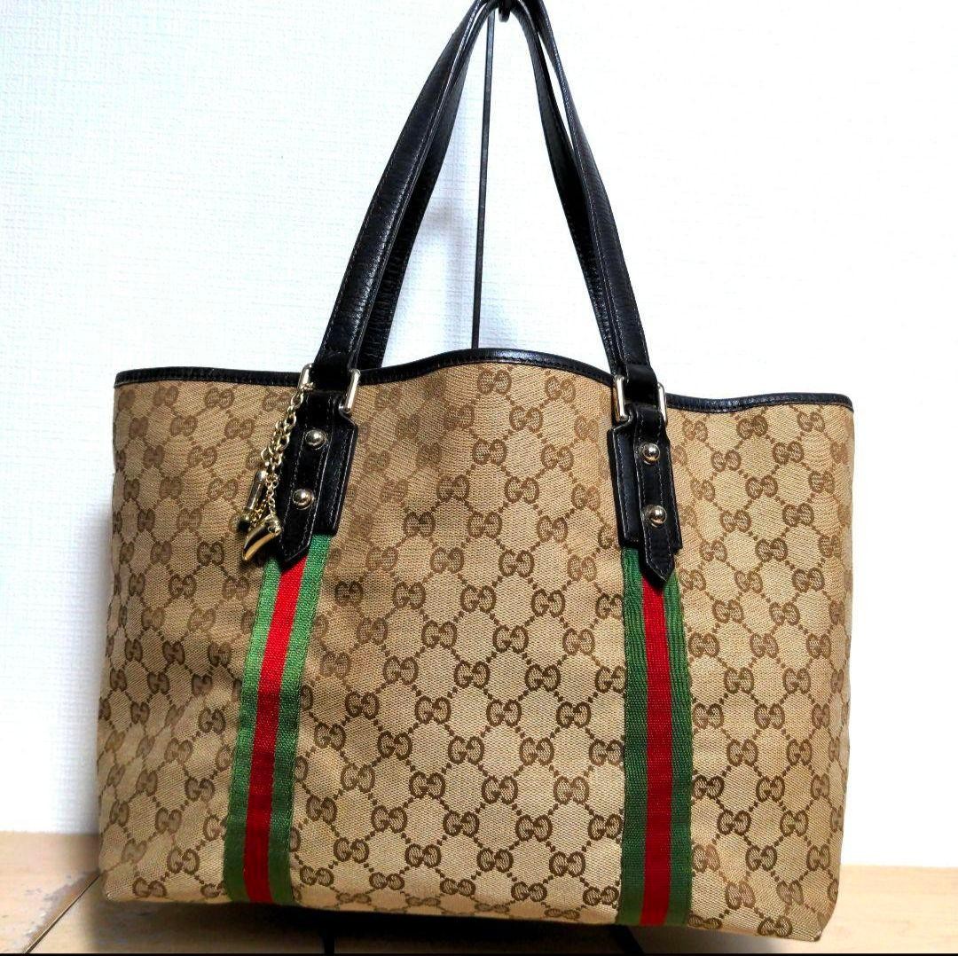 GUCCI Women's GG Canvas Tote Bag Leather Stripes Beige Authentic thumbnail 2