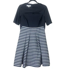 Kay Unger New York Mixed Media Scuba Stripped Fit & Flare Short Sleeve Dress