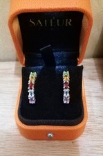 Vintage 925 Sterling Silver Multi Gemstone J- Hoop/ Half Hoop Earrings 