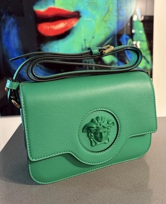Versace La Medusa Logo Plaque Green  Leather Crossbody Bag New $1625