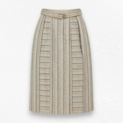 Vintage 1950s Beige Striped Tweed Annette Ross High Waisted Belted Skirt Size 2