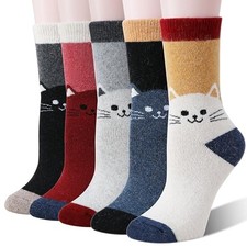 Women Merino Wool Cat Socks Thermal Winter Large Red/Gray/Deep Blue/Khaki/Black