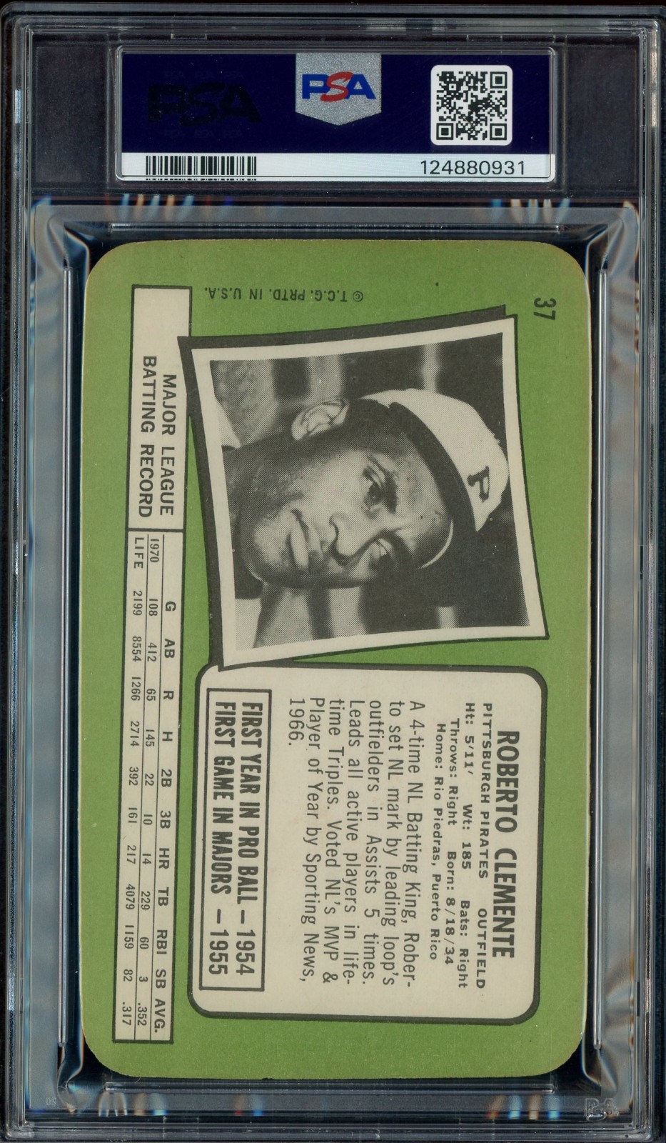1971 Topps Super #37 Bob Roberto Clemente Pittsburgh Pirates HOF PSA 7 NM view 2