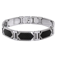 Tungsten Carbide Black Carbon Fiber Hexagon Inlay Men's Link Bracelet 8.5"