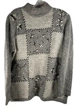 Vtg Dress Barn Womens M Silk Angora Pullover Sweater Leaf Embroidery Soft Gray