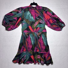 FARM Rio Tropical Print Mini Dress S Multicolor High Neck Balloon Sleeve Smocked