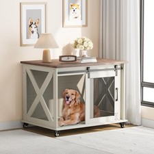 37" Farmhouse Dog Crate Furniture with Sliding Barn Door Flip Top Dog Kennel
