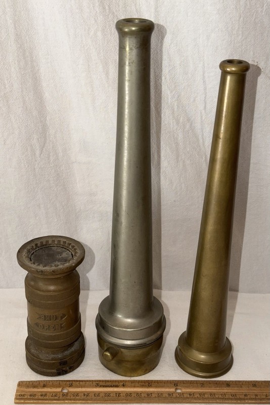 ANTIQUE 3 DIFFERENT BRASS FIRE HOSE NOZZLE FIREMAN STATION TRUCK