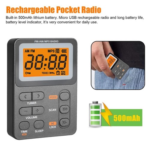 Portable Pocket Digital LCD AM FM Radio Stereo MP3 USB Rechargeable w/Earphones - Afbeelding 5 van 8