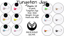 TUNGSTEN 12 Pack UV Glow 3mm Ice Fishing Jigs Lure 0.6g #16 Hook Crappie Walleye