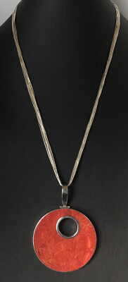 Southwestern Sterling Liquid Silver & Red Coral Abstract Pendant Necklace