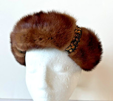 Vintage John Wanamaker Womens Fabric Knit Hat Cap Mink Trim Bow Black