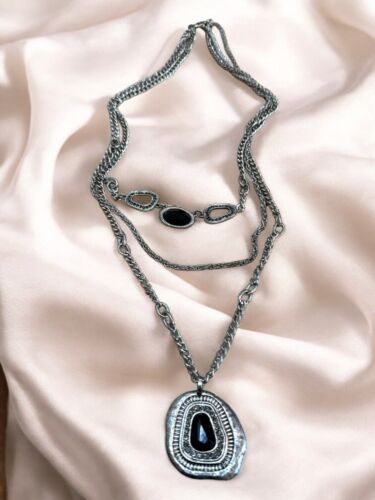 Laura Ashley Triple Strand Pendant Necklace Black Faceted & Sparkle Stones 38in