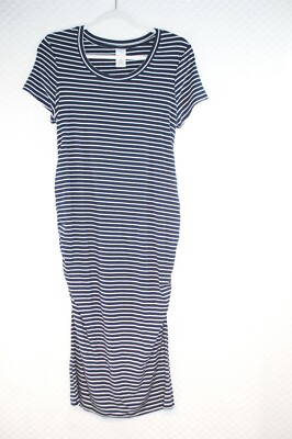 Womens NAVY BLUE S/S MATERNITY DRESS White Stripes SCOOP NECK Below Knee M 8-10