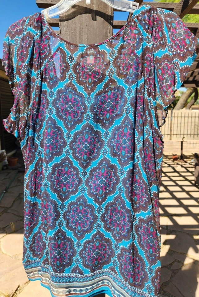 Blusa de seda transparente Eci con tanque en marrón con manga acampanada turquesa cuentas 1X Foto 4 de 4