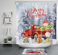 Red Truck Christmas Tree Gnome Shower Curtain Winter Snow Forest Bathroom Set