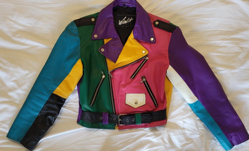 Chaqueta de cuero Winlit para motocicleta bloques de colores para mujer talla pequeña vintage Corea Foto 3 de 4