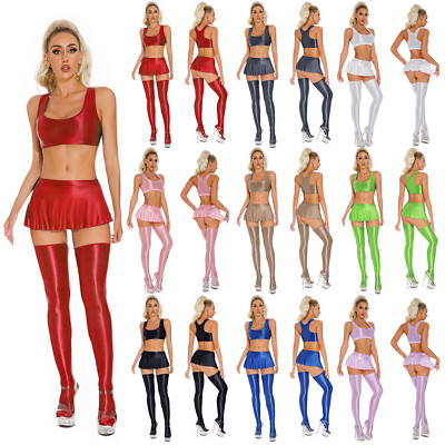 US Women Outfits Quick-drying Crop Tank Tops Miniskirt With Stockings Pool Party