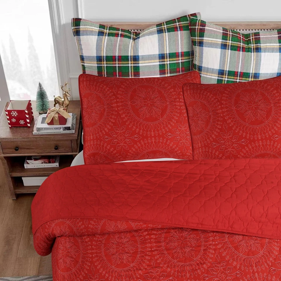 Juego de colcha edredón navideño festivo de 3 piezas ropa de cama navideña medallón rojo Foto 2 de 4