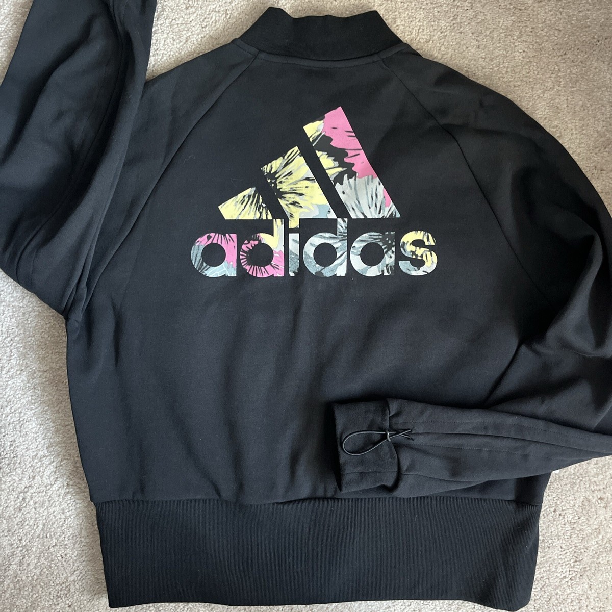 Women's Adidas floral fleece Full Zip Track Jacket Black Sz Medium
