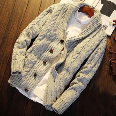 Herren Strickjacke Pullover Geflochten Jacke Schalkragen Thermal