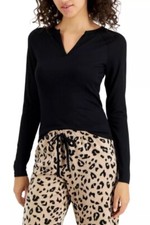 Jenni Women  s Long Sleeve Black Ribbed Split-neck Pajama Top Size M