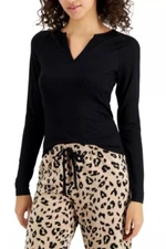 Jenni Women’s Long Sleeve Black Ribbed Split-neck Pajama Top Size M