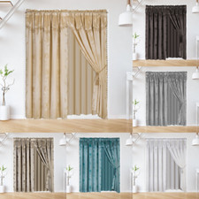 Faux Silk Window Curtain Set Sheer Attached Valance Leaf Rod Pocket 120x84 Nada