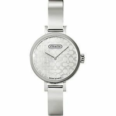 COACH LADIES SILVERTONE BANGLE SS WATCH SIGNATURE FACE 21.7.14.0380 NEW BATTERY!