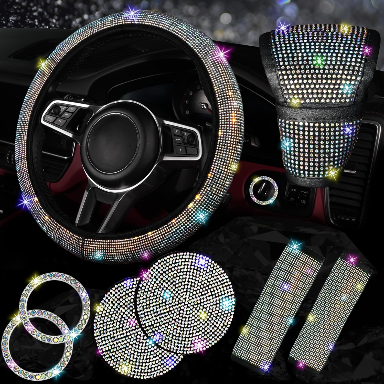 8 Pcs Bling Car Accessories Set for Women, Bling Rhinestone Diamond Steering Whe